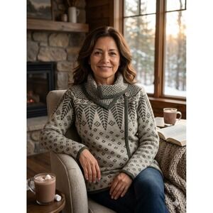 Royal Robbins Sweater Womens Medium Gray Green Fair Isle Wrap Button New